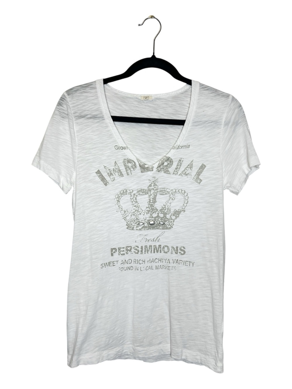 J. Crew Factory Imperial Crown Print V Neck Embellished White Tee size Small